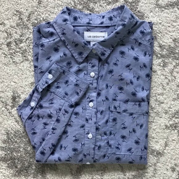 Liz Claiborne Med Blue Button Down dandelion Pattern EUC - Picture 2 of 7